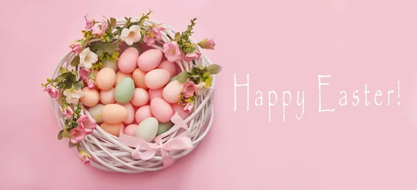 Colorful Easter Eggs Nest Pastel Color Background Flowers Copy Space — Stock Photo, Image