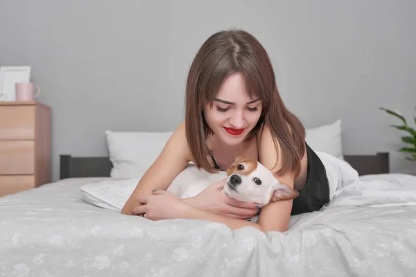 Girl and dog in bed. Beautiful woman in pajamas sits on bed in bedroom with dog Jack Russell Terrier, enjoys morning weekend, has good relationship with pet. Man best friend dog. Cozy morning.