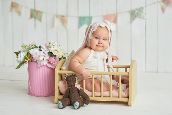 Bebê Engraçado Bonito Com Orelha Coelho Cartão Páscoa Espaço Cópia — Fotografia de Stock