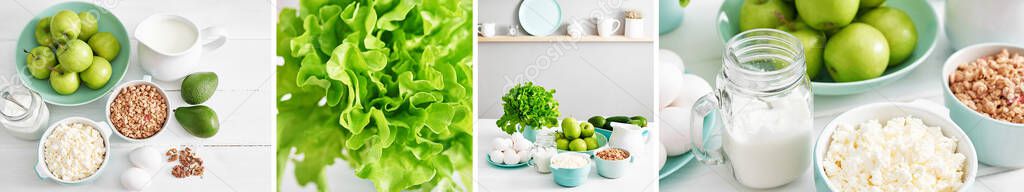 Clean food of healthy culinary ingredients. Food frame. Superfood concept. Fitness breakfast. Healthy eating and nutrition, dieting, vegetarian cuisine, cooking concept. Banner, collage