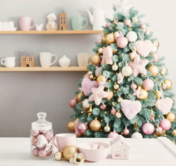 Dolci Natale Sfondo Albero Natale Natale Decorato Rosa Felice Anno — Foto Stock