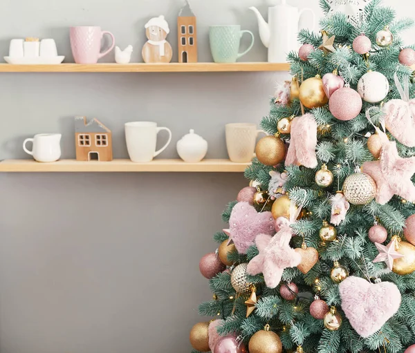 Doces Natal Fundo Árvore Natal Natal Rosa Decorado Feliz Ano — Fotografia de Stock