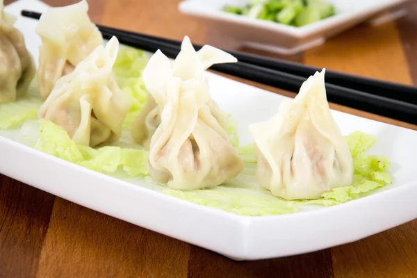 Ångad fläsk dumplings på plattan närbild — Stockfoto