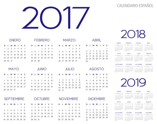 Espanjalainen kalenteri 2017-2018-2019 vektoriteksti on ääriviivat versio 1 — vektorikuva