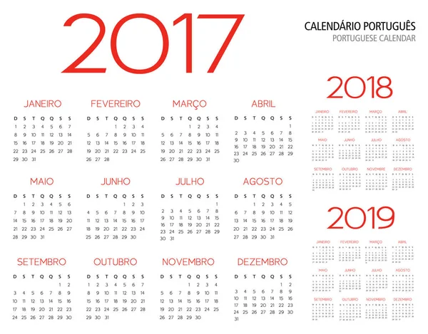 Grade de calendário português 2017 2018 2019 — Vetor de Stock