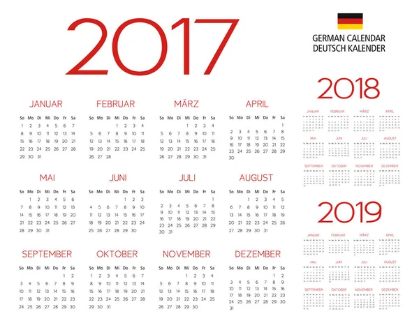 Německý kalendář 2017-2018 – 2019 šablona — Stockový vektor