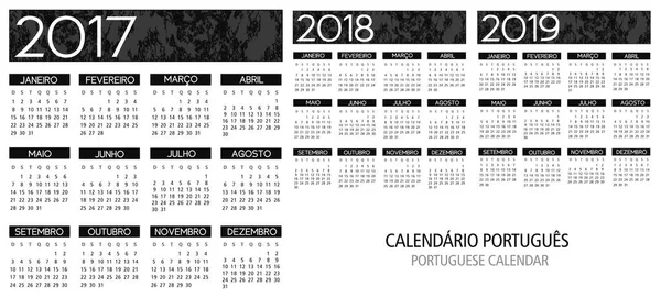 Grade de calendário português 2017 2018 2019 — Vetor de Stock