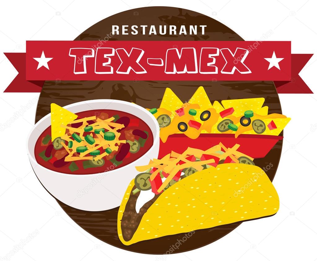 Tex mex food banner on wooden background vector illustration with nacho tac...