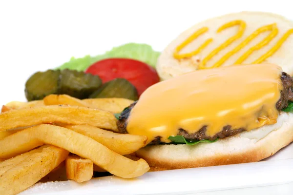 Open cheeseburger burger closeup — Stock Photo, Image