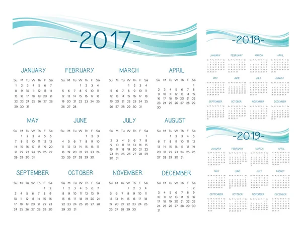 Calendario Inglés 2017-2018-2019 vector — Vector de stock