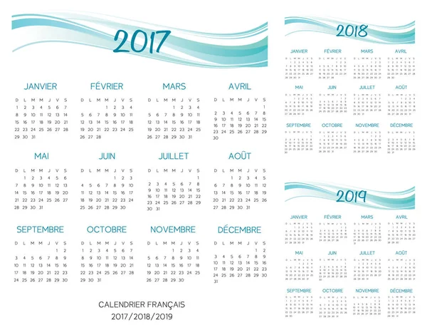Французька 2018-календар 2017-2019 вектор бірюза — стоковий вектор