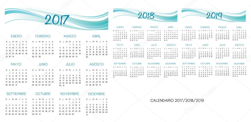 Spanish Calendar 2017-2018-2019 vector