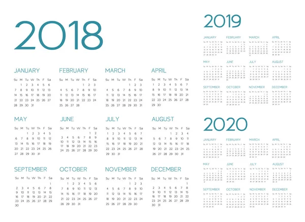 Calendario Inglés 2018-2019-2020 vector — Vector de stock