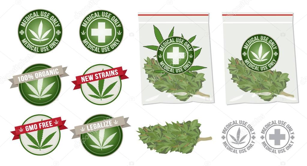 Set of marijuana product vector label and bag