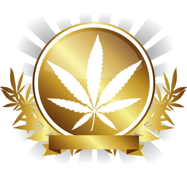 Golden Cannabis marijuana leaf Badge design vector — Stock Vector