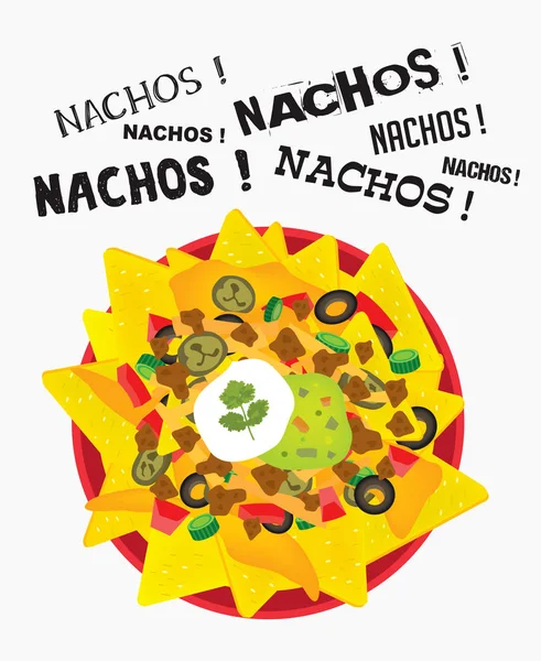 Geladen kaas nacho bord met zure room en guacamole — Stockvector