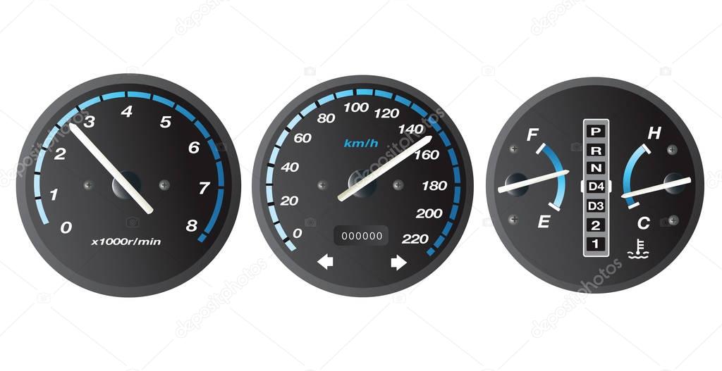 Black and blue car dashboard with gauge