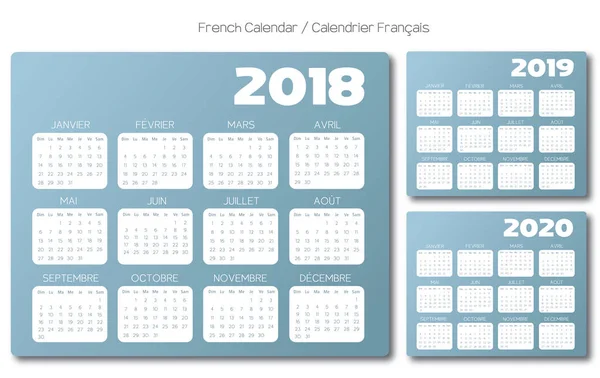Calendario Inglés 2018 2019 2020 vector gris azul — Vector de stock