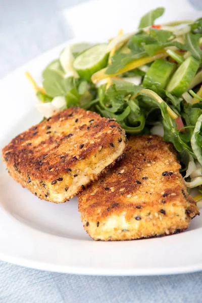 Derin Kızarmış tofu dilimleri ile salata — Stok fotoğraf