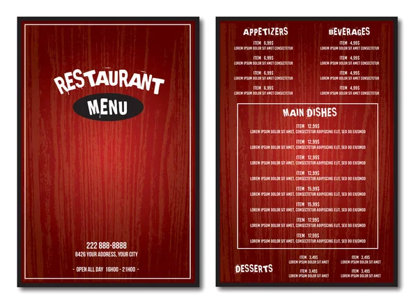 Restaurant red menu template wood texture text is outline — Stock Vector