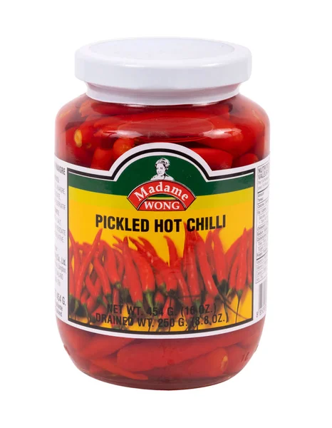Madame Wong Pickled hot chili jar over white background — 스톡 사진
