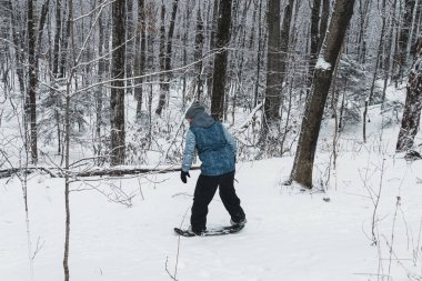 Kar kaykayına binen kişi kış gezisinde