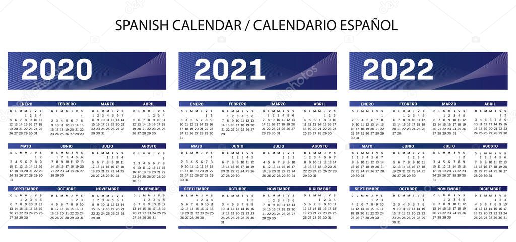 Spanish language text blue Calendar 2020-2021-2022 vector text is outline 