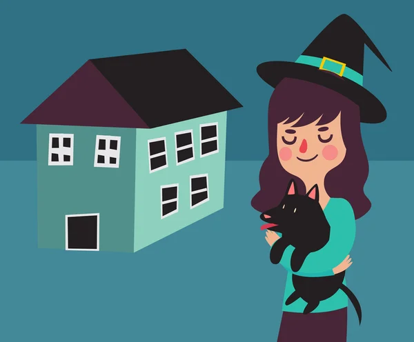 Bruja y su perro junto a su nuevo hogar — Vector de stock