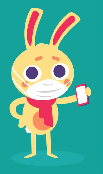 使い捨てのマスクをつけて携帯電話を持っている漫画のウサギのベクトルイラスト ストックベクター