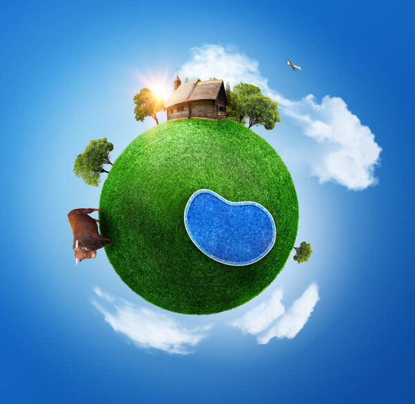 Маленькая планета с 360-градусной панорамой. Птичий глаз. Деревенская жизнь
.