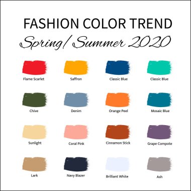 Moda Rengi Trend Yazı 2020. Renkli palet rehberi. Renkli fırça darbeleri ve isim örnekleri. Yaratıcı tasarımlarınız için vektör şablonunu düzenlemek kolay.