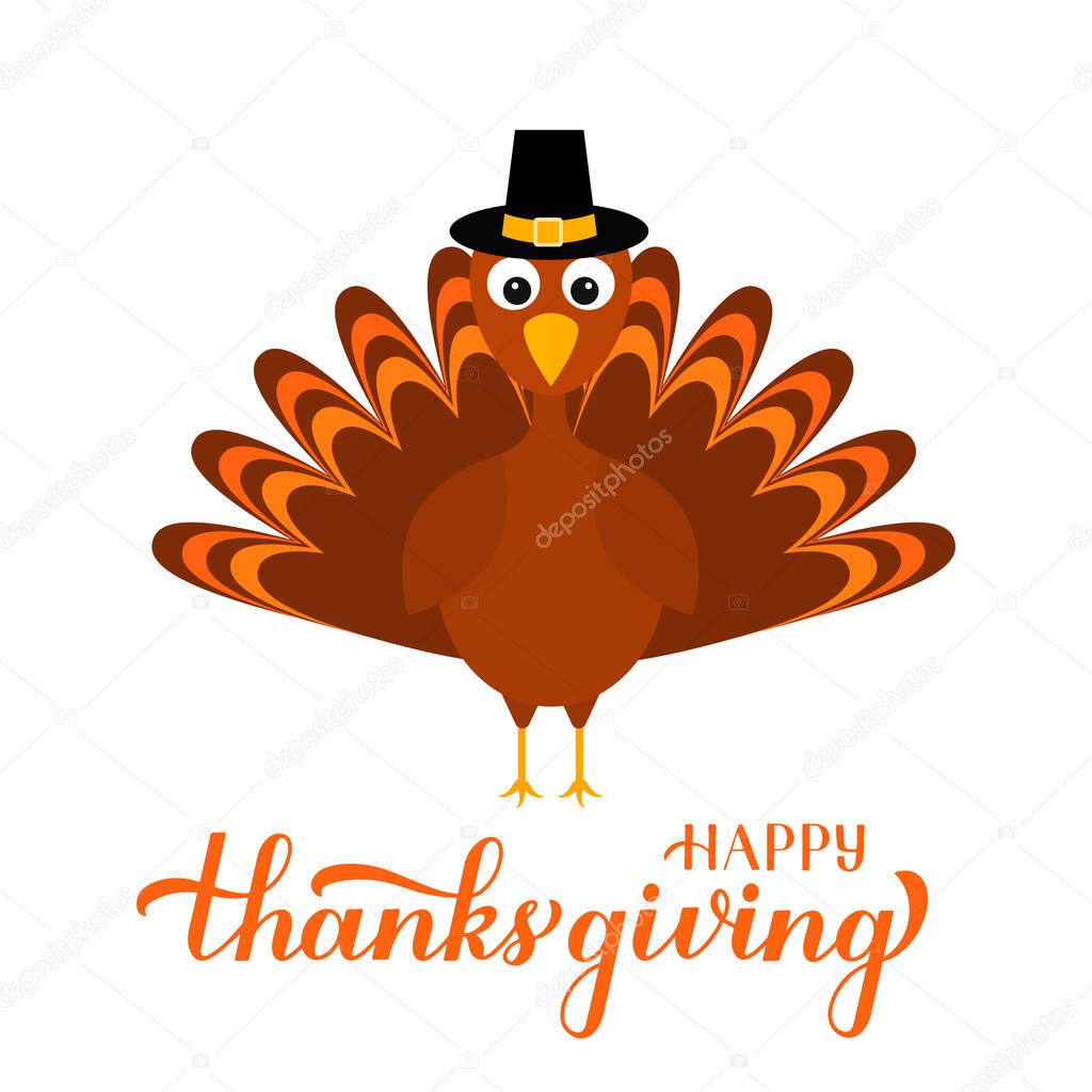 Happy Thanksgiving modern calligraphy brush lettering with cute cartoon turkey isolated on white. Easy to edit vector template for greeting card, typography poster, banner, flyer, sticker, t-shirt.