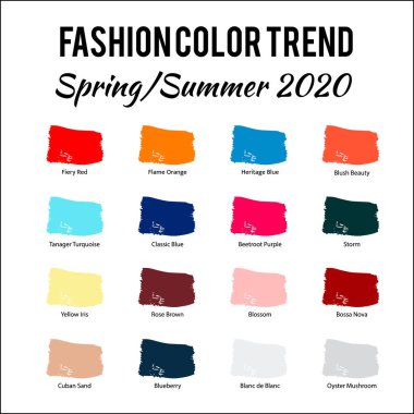 Moda Rengi Trend Yazı 2020. Renkli palet rehberi. Renkli fırça darbeleri ve isim örnekleri. Yaratıcı tasarımlarınız için vektör şablonunu düzenlemek kolay.