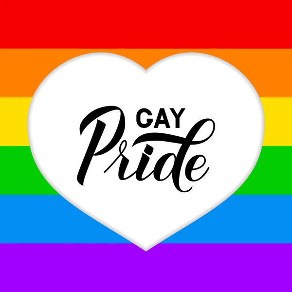 心の中でゲイプライドのレタリング虹の背景をカット。プライドデー、月、パレードの概念。LGBTコミュニティの旗。バナー、ポスター、 Tシロット、チラシ、ステッカー、バッジのベクトルテンプレートを簡単に編集できます。. — ストックベクタ