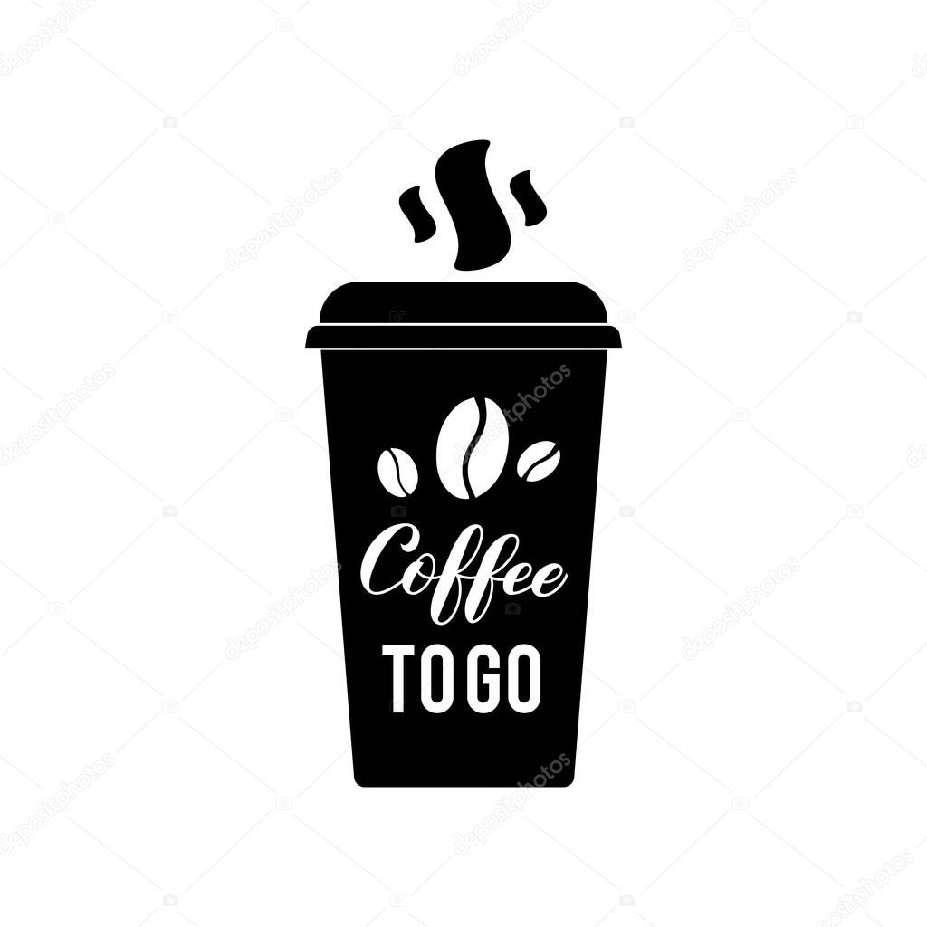 Coffee To Go lettering with coffee beans on take away cup. Easy to edit vector template for banner, typography poster, flyer, sticker, mug, card, t-shirt, etc.