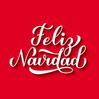 Feliz Navidad el yazısı ve kırmızı arka planda gölgesi var. İspanyolca Mutlu Noeller tipografi posteri. Tebrik kartı, afiş, broşür, davetiye vs. için vektör şablonunu düzenlemek kolay.