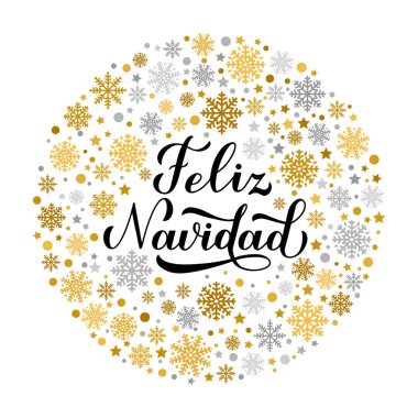 Feliz Navidad el yazısı, üzerinde altın ve gümüş kar taneleri, yıldızlar ve noktalar var. İspanyolca Mutlu Noeller tipografi posteri. Tebrik kartı, afiş, broşür, etiket vs. için vektör şablonu.