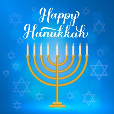 Mutlu Hanuka el yazmaları ve mavi arka planda altın menora mumları. Yahudi Işık Festivali. Pankart, poster, tebrik kartı, davetiye, el ilanı, kartpostal için vektör şablonu