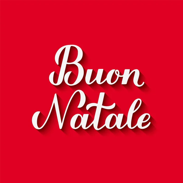 Buon Natale kalligrafie handschrift met schaduw op rode achtergrond. Merry Christmas typografie poster in het Italiaans. Eenvoudig te bewerken vectorsjabloon voor wenskaart, banner, flyer, uitnodiging, enz.. — Stockvector