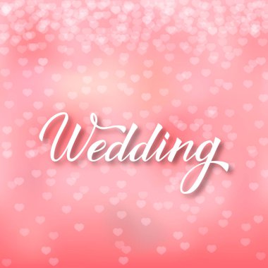 El yazısı, fırçayla düğün yazısı. Düşen kalpler konfetiyle pembe gradyan arka plan. Vektör şablonunu düzenlemek kolay.