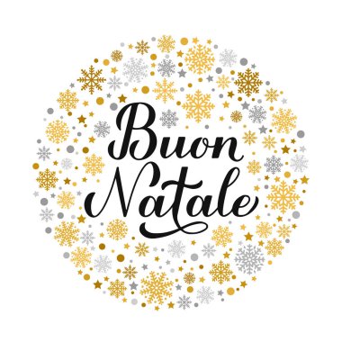 Buon Natale el yazısı, üzerinde altın ve gümüş kar taneleri, yıldızlar ve noktalar var. İtalyanca Mutlu Noeller tipografi posteri. Tebrik kartı, afiş, el ilanı, davet vesaire için vektör şablonu.