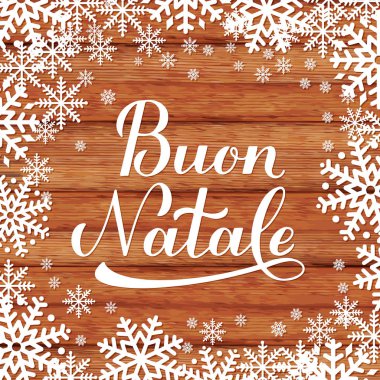 Buon Natale el yazısı, ahşap arka planda kar taneleri var. İtalyanca Mutlu Noeller tipografi posteri. Tebrik kartı, afiş, el ilanı vs. için vektör şablonunu düzenlemek kolay.