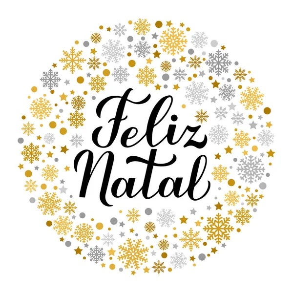 莎士比亚 · 纳塔尔的书法用金银雪片、星星和圆点手写而成。 用葡萄牙语写的圣诞快乐字体海报。 贺卡、横幅、传单、贴纸等的矢量模板. — 图库矢量图片