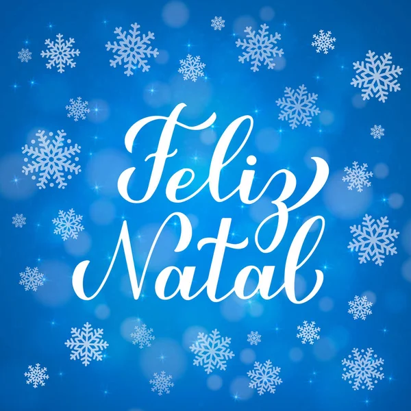 费利兹 · 纳塔尔的书法在蓝色的背景上刻上了浮雕和雪花。 用葡萄牙语写的圣诞快乐字体海报。 贺卡、横幅、传单等的矢量模板. — 图库矢量图片