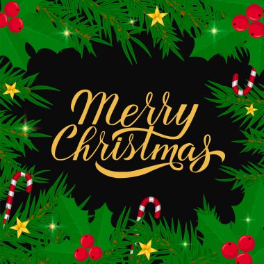 Köknar ağacı dallarıyla dolu mutlu noel el el yazmaları. Kış tatili tipografi posteri. Tebrik kartı, afiş, broşür, etiket vs. için vektör şablonunu düzenlemek kolay.