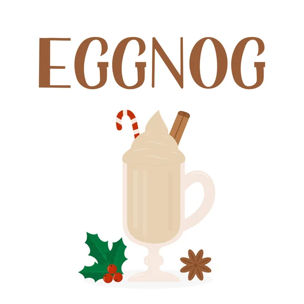 Eggnog χέρι γράμματα και ένα ποτήρι παραδοσιακό χριστουγεννιάτικο ποτό που απομονώνονται σε λευκό. Διανυσματικό πρότυπο για σχεδιασμό λογότυπου, αφίσας, banner, φυλλάδιο, αυτοκόλλητο, μενού για bar, cafe, restaurant. — Διανυσματικό Αρχείο