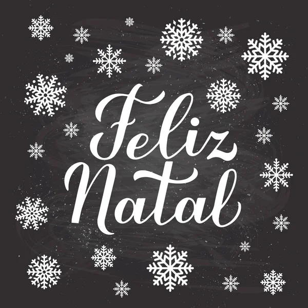 莎士比亚 · 纳塔尔的书法在黑板上手写，背景上有雪花。 用葡萄牙语写的圣诞快乐字体海报。 贺卡、横幅、传单、明信片的矢量模板. — 图库矢量图片