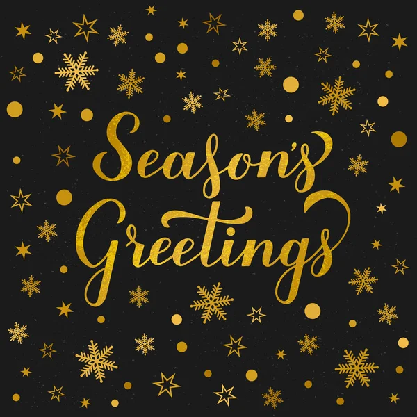 Season s Saludos brillo texturizado letras copos de nieve de oro, estrellas y puntos sobre fondo negro. Cartel de tipografía de Navidad y Año Nuevo. Plantilla vectorial para tarjeta de felicitación, banner, volante, etc. . — Vector de stock