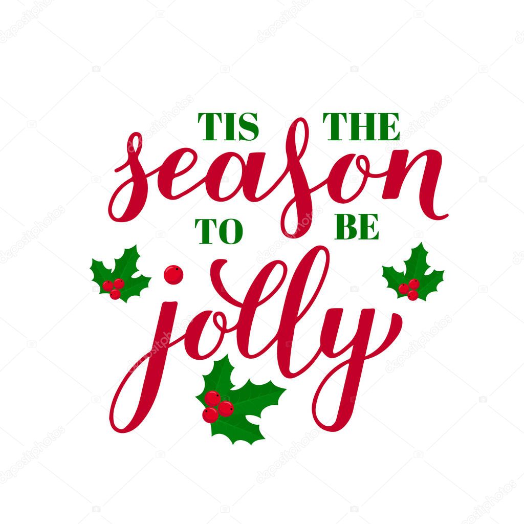 Tis the season to be jolly calligraphy lettering with holly berry mistletoe isolated on white. Christmas quote typography poster. Vector template for greeting card, banner, flyer, sticker, invitation.