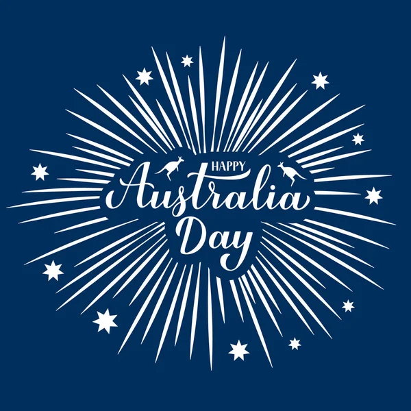 Caligrafia feliz dia Austrália mão lettering witn fogos de artifício e estrelas no fundo azul. Modelo de vetor fácil de editar para banner, cartaz de tipografia, cartão de saudação, folheto, adesivo, etc . — Vetor de Stock